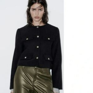 Zara Black Tweed Jacket with Gold Buttons NWOT